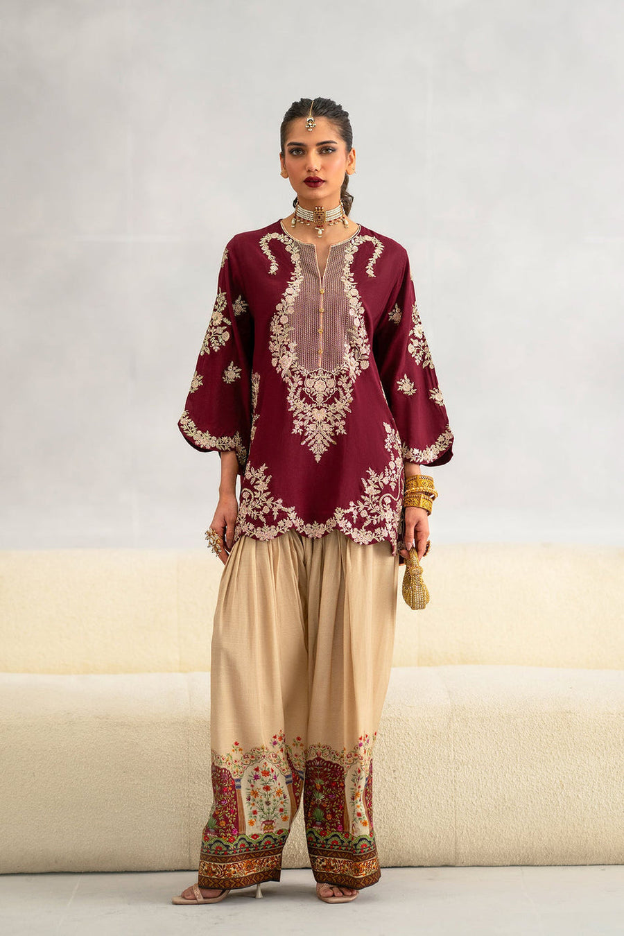 ETHNIC-2PC-RAW SILK EMBROIDERED SHIRT AND SHAMOZ SILK PRINTED TROUSER-BIC-15117