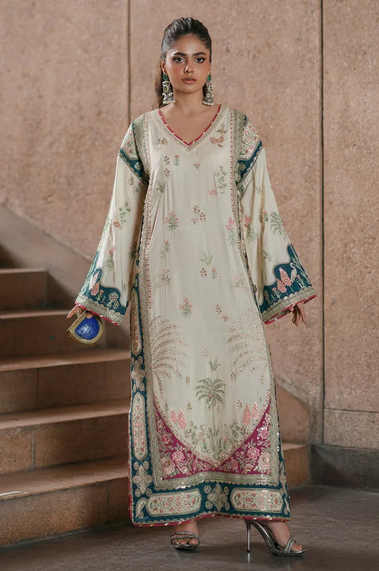 Ethnic Kaftan Luxury Silk Embroidered 3Pc Unstitched Suit Nainpreet PA-0032